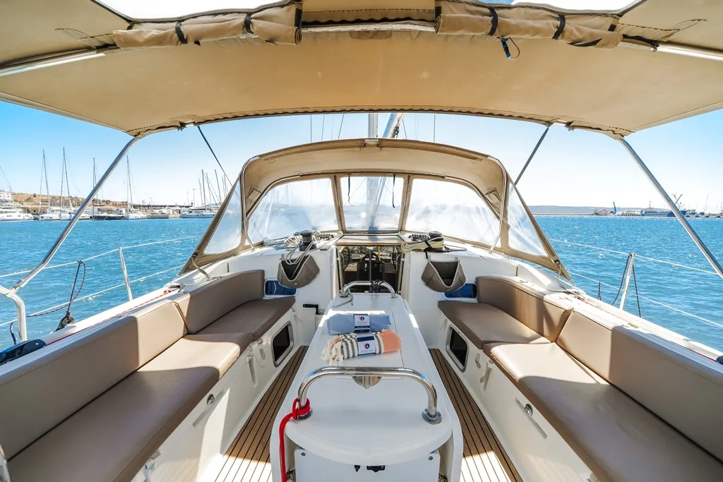 Cockpit of Maistros, a Jeanneau Sun Odyssey 519 sailboat at Lavreotiki Municipal Unit, Greece