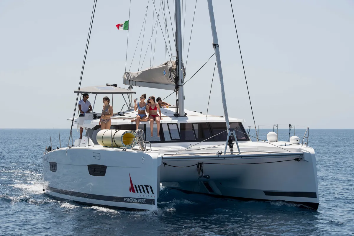 Exterior view of Astrea , a Fountaine Pajot Astréa 42 catamaran at Castellammare del Golfo, Italy