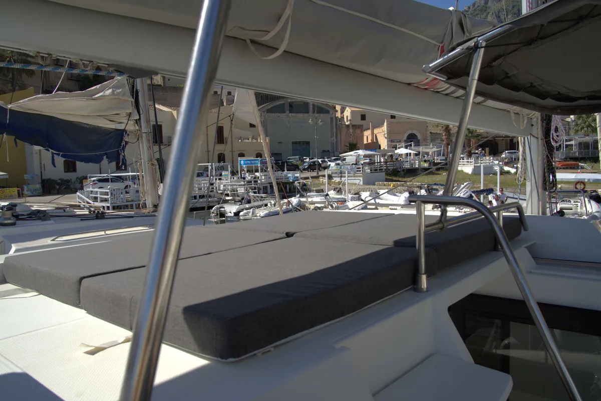Deck of Astrea , a Fountaine Pajot Astréa 42 catamaran at Castellammare del Golfo, Italy