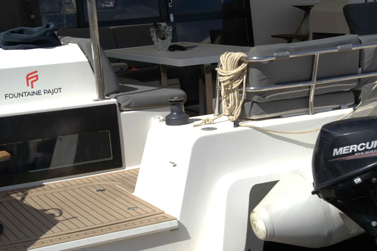 Deck of Astrea , a Fountaine Pajot Astréa 42 catamaran at Castellammare del Golfo, Italy