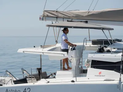 Cockpit of Astrea , a Fountaine Pajot Astréa 42 catamaran at Castellammare del Golfo, Italy