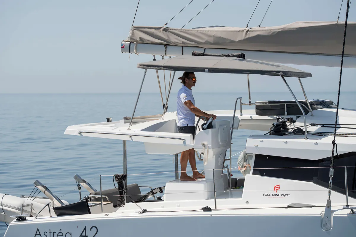 Cockpit of Astrea , a Fountaine Pajot Astréa 42 catamaran at Castellammare del Golfo, Italy