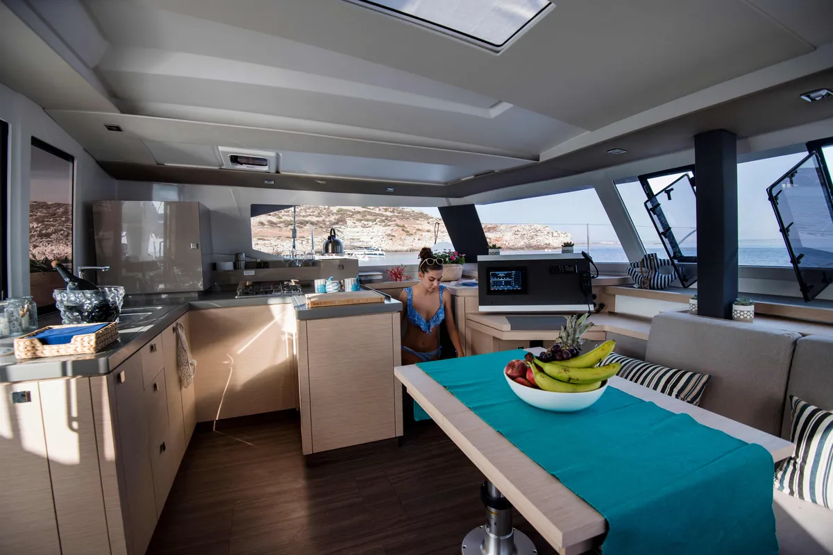 Salon of Astrea , a Fountaine Pajot Astréa 42 catamaran at Castellammare del Golfo, Italy