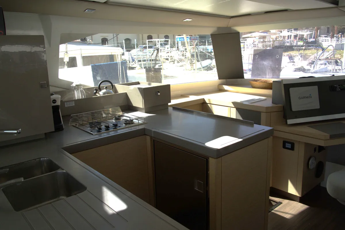 Galley of Astrea , a Fountaine Pajot Astréa 42 catamaran at Castellammare del Golfo, Italy