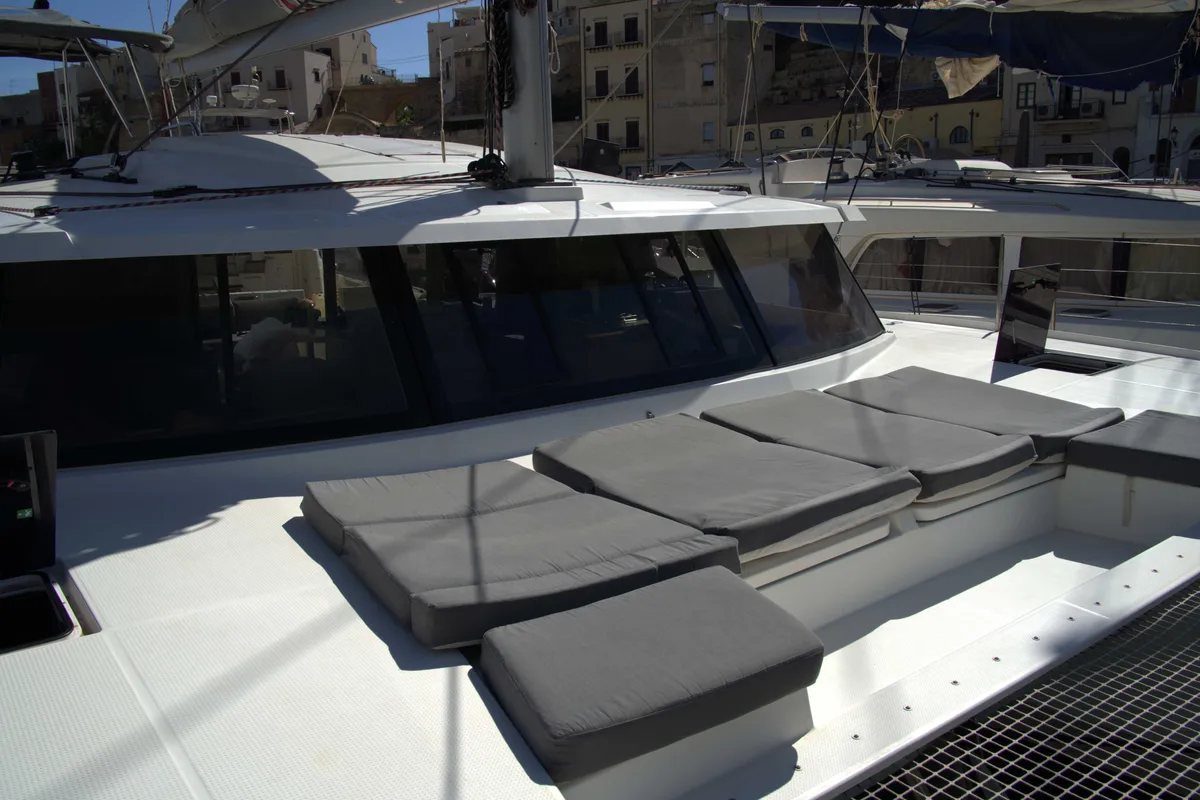 Deck of Astrea , a Fountaine Pajot Astréa 42 catamaran at Castellammare del Golfo, Italy