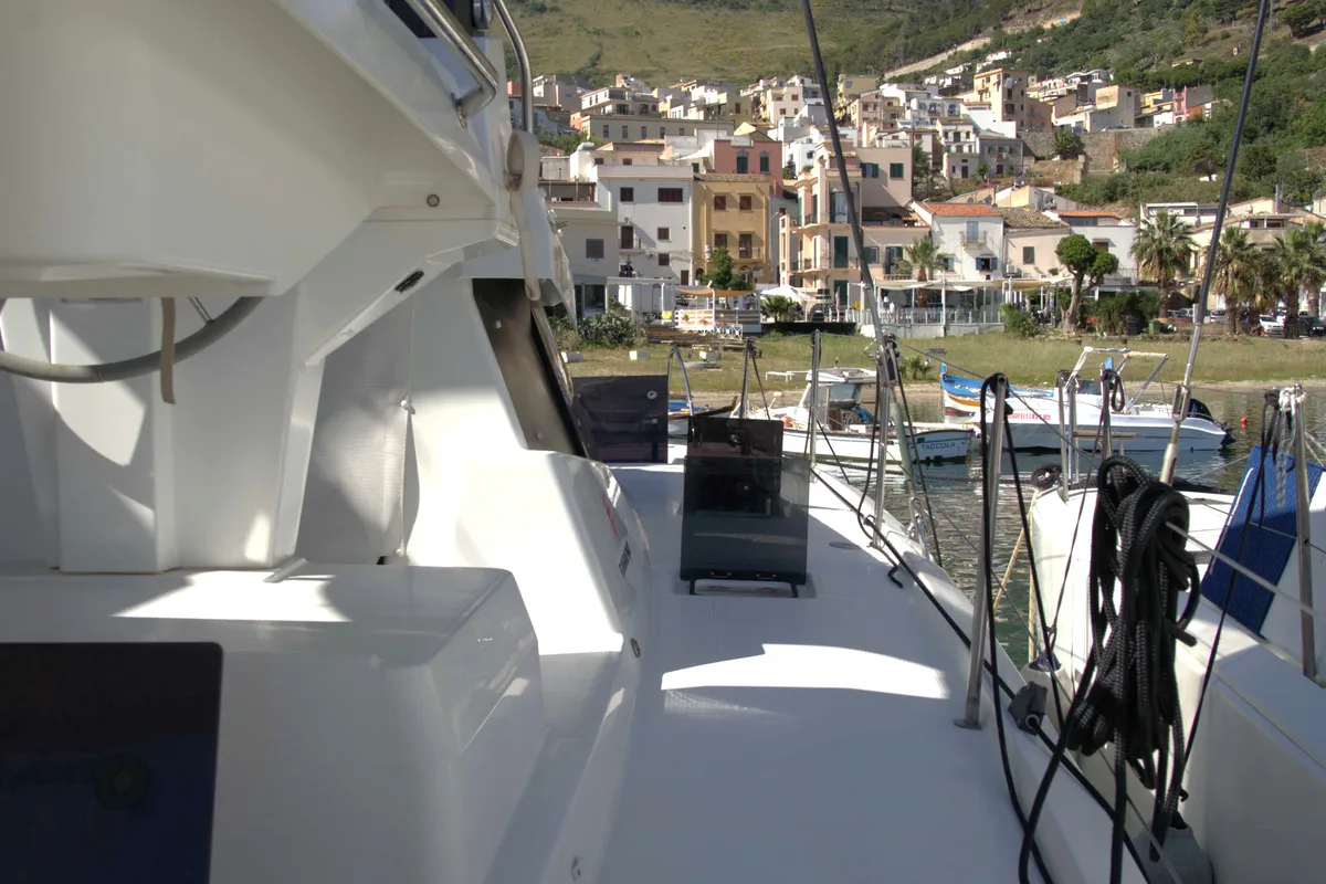 Deck of Astrea , a Fountaine Pajot Astréa 42 catamaran at Castellammare del Golfo, Italy