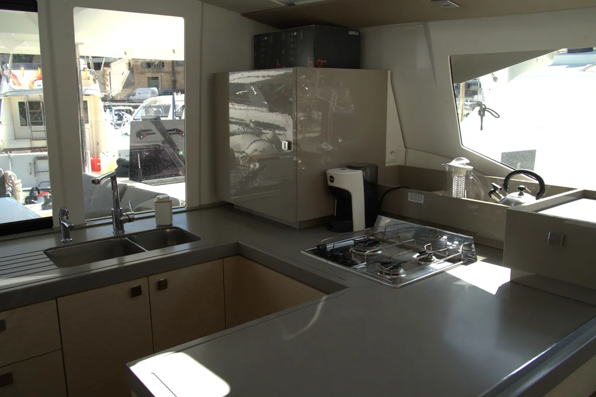 Galley of Astrea , a Fountaine Pajot Astréa 42 catamaran at Castellammare del Golfo, Italy
