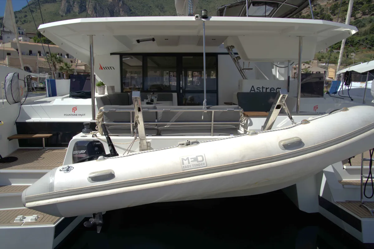 Exterior view of Astrea , a Fountaine Pajot Astréa 42 catamaran at Castellammare del Golfo, Italy