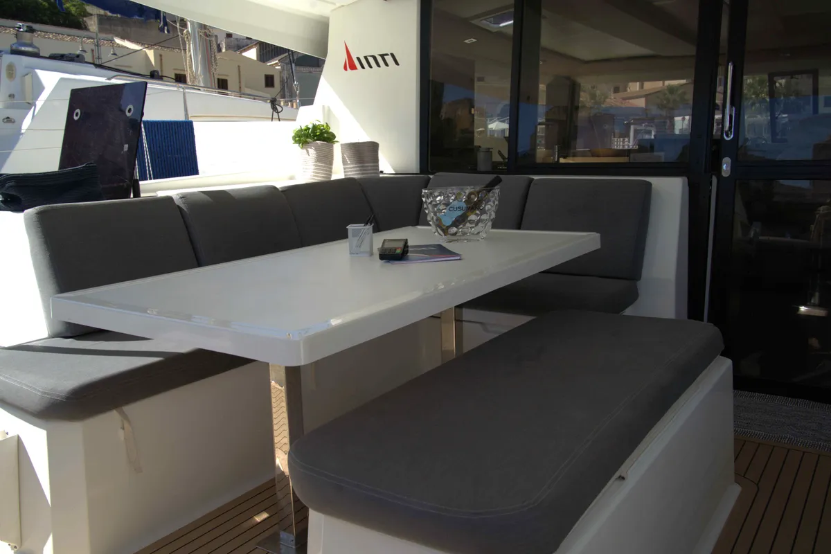 Deck of Astrea , a Fountaine Pajot Astréa 42 catamaran at Castellammare del Golfo, Italy