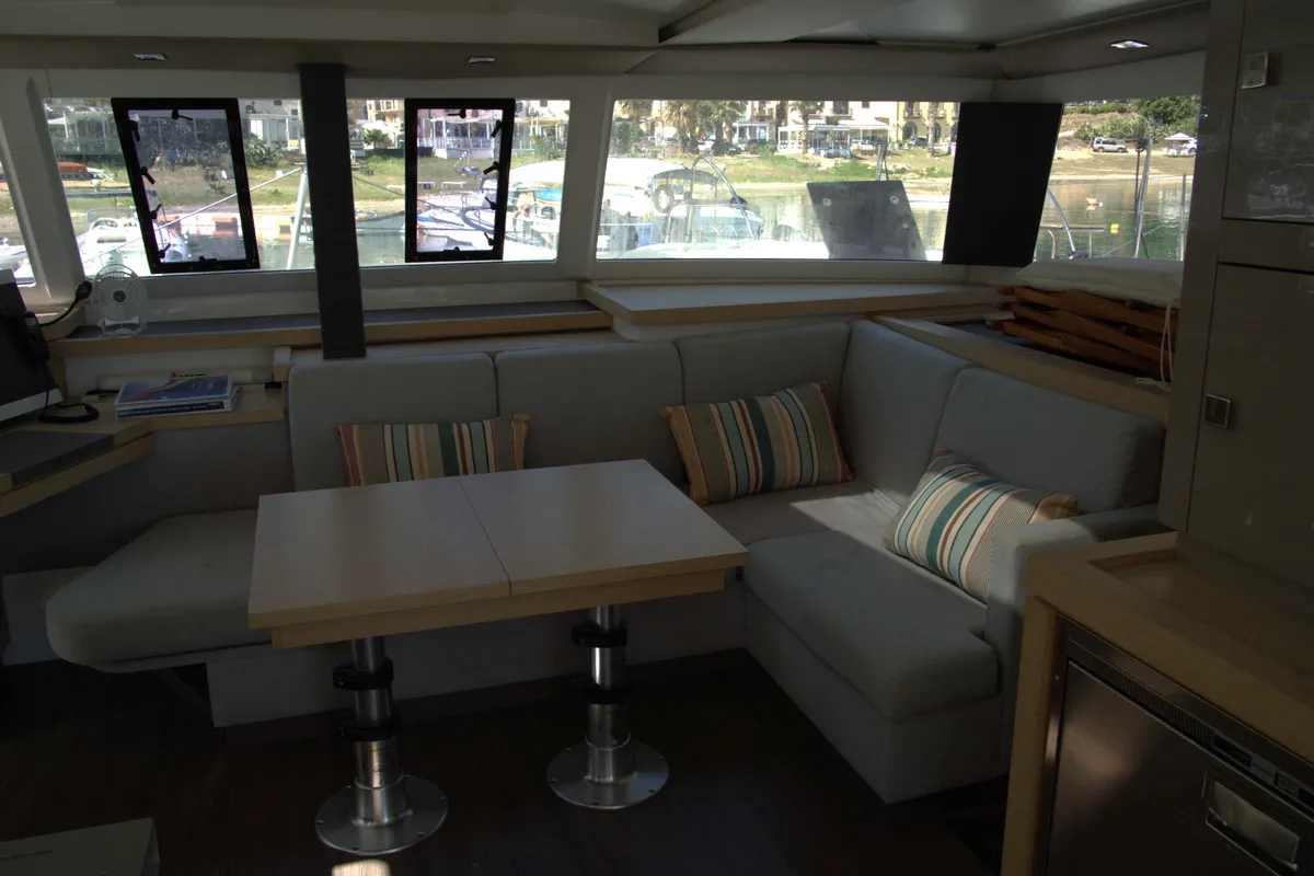 Salon of Astrea , a Fountaine Pajot Astréa 42 catamaran at Castellammare del Golfo, Italy