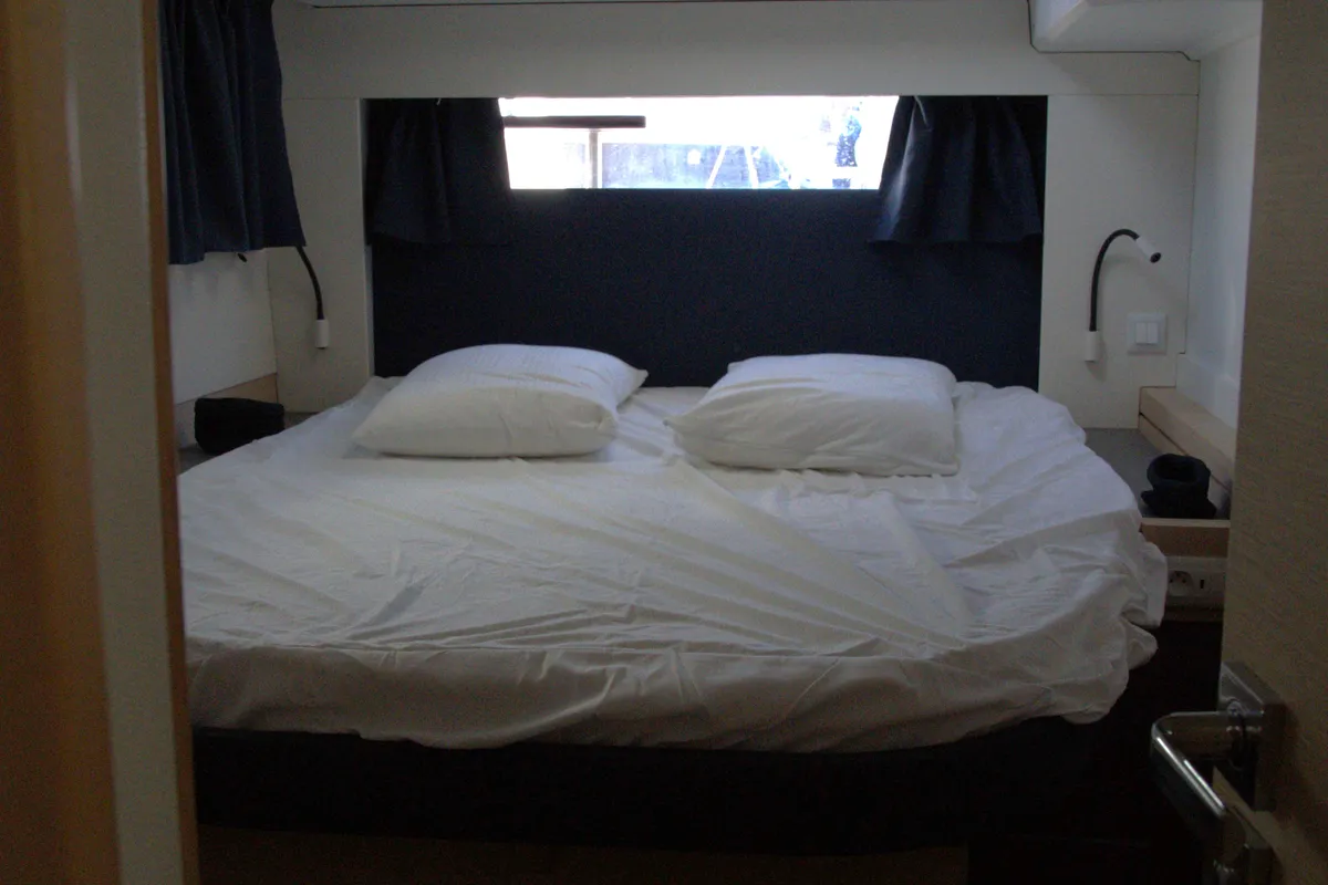 Cabin on Astrea , a Fountaine Pajot Astréa 42 catamaran at Castellammare del Golfo, Italy