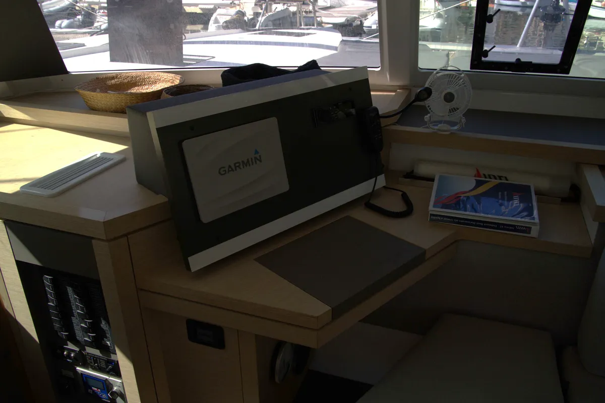 Cockpit of Astrea , a Fountaine Pajot Astréa 42 catamaran at Castellammare del Golfo, Italy