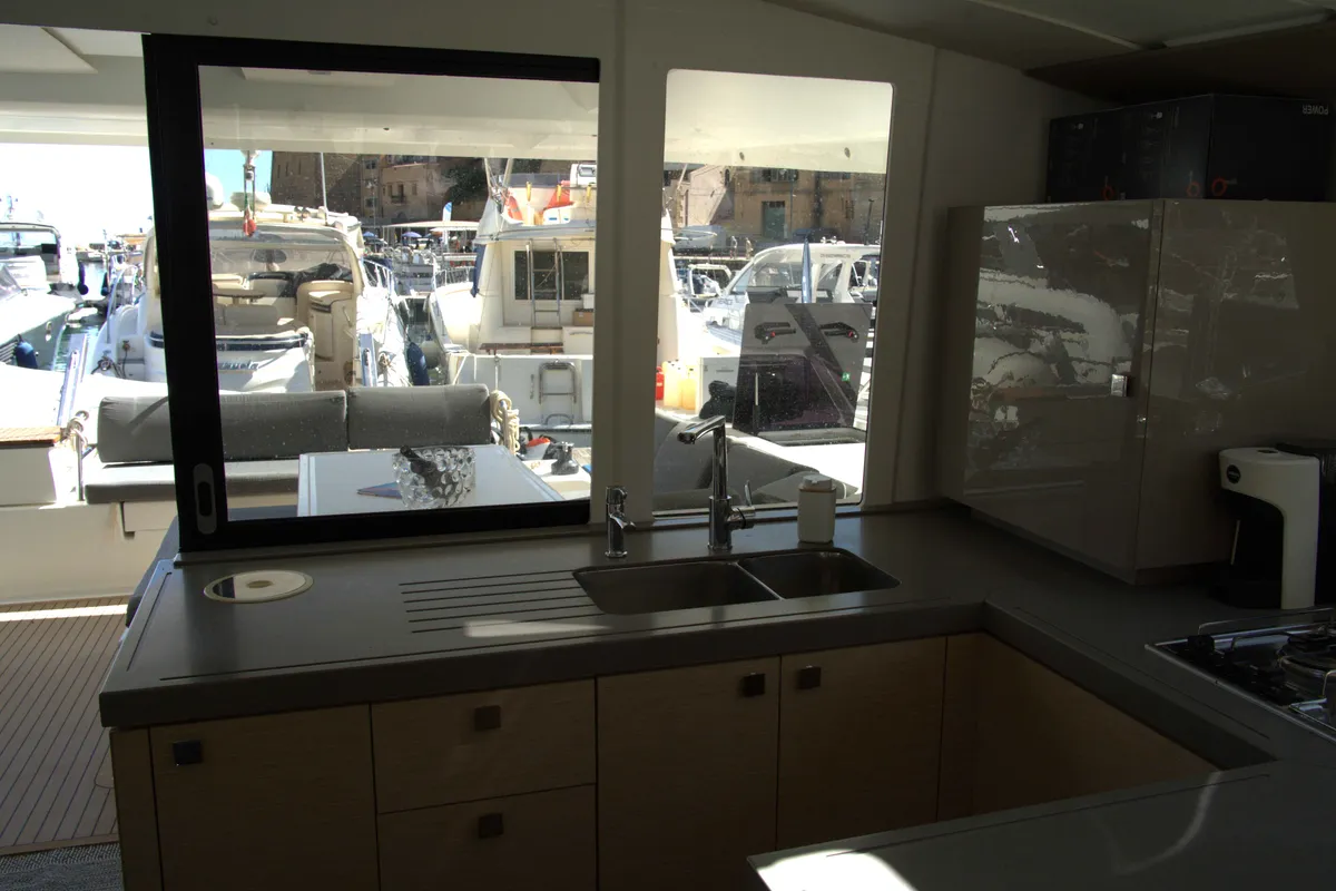 Galley of Astrea , a Fountaine Pajot Astréa 42 catamaran at Castellammare del Golfo, Italy