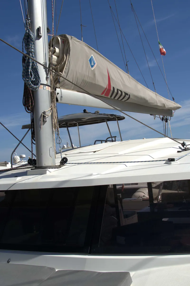 Exterior view of Astrea , a Fountaine Pajot Astréa 42 catamaran at Castellammare del Golfo, Italy