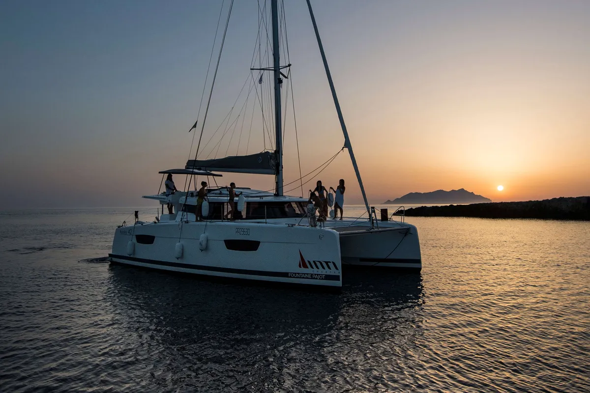Exterior view of Astrea , a Fountaine Pajot Astréa 42 catamaran at Castellammare del Golfo, Italy