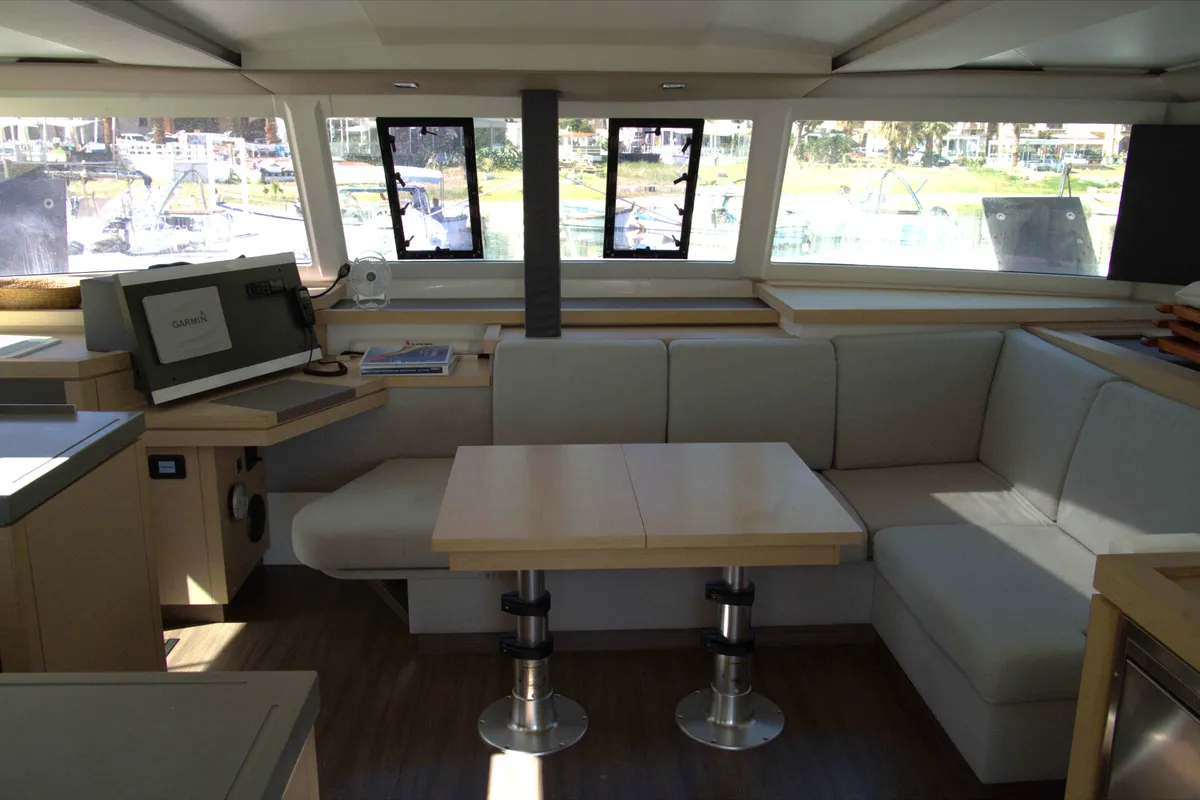 Salon of Astrea , a Fountaine Pajot Astréa 42 catamaran at Castellammare del Golfo, Italy