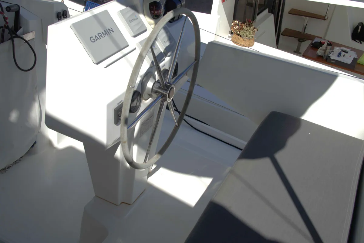 Cockpit of Astrea , a Fountaine Pajot Astréa 42 catamaran at Castellammare del Golfo, Italy