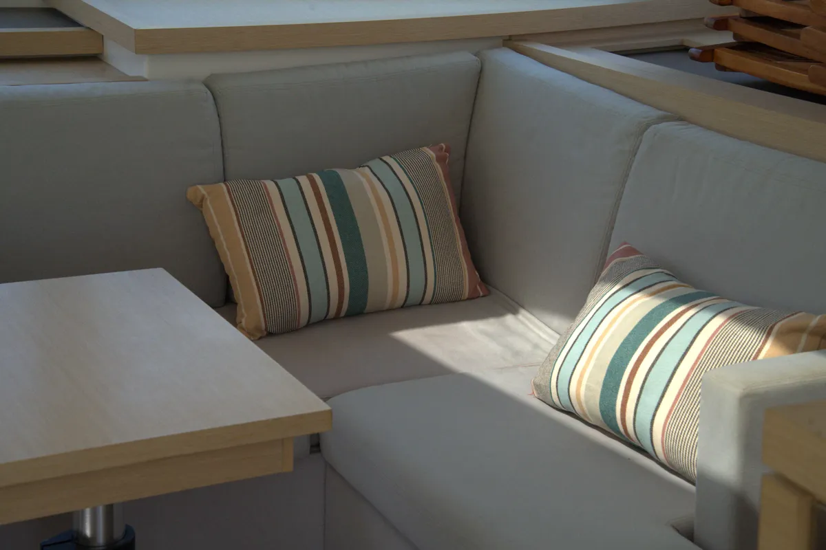 Salon of Astrea , a Fountaine Pajot Astréa 42 catamaran at Castellammare del Golfo, Italy