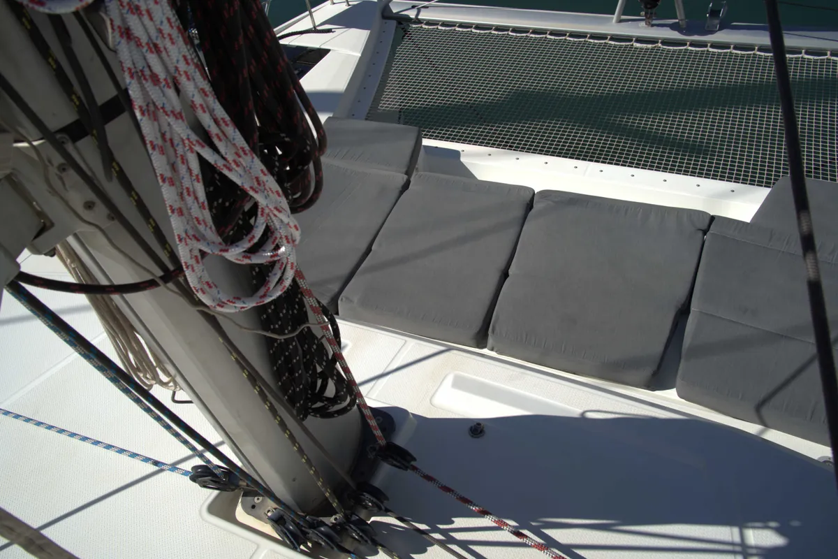 Deck of Astrea , a Fountaine Pajot Astréa 42 catamaran at Castellammare del Golfo, Italy
