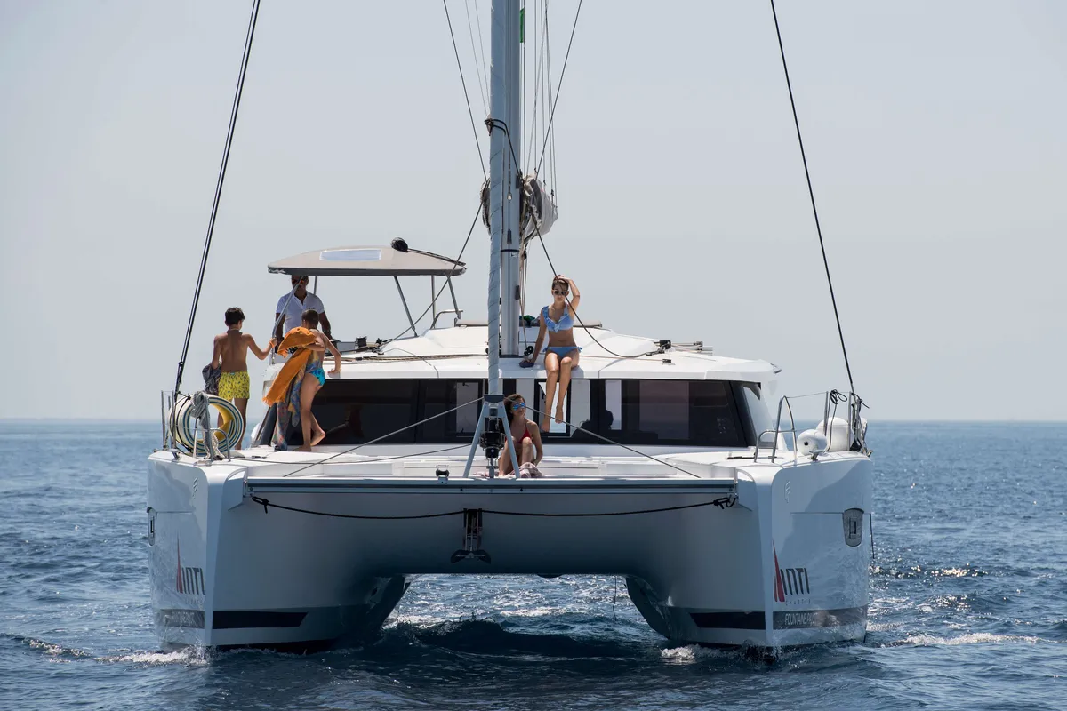 Exterior view of Astrea , a Fountaine Pajot Astréa 42 catamaran at Castellammare del Golfo, Italy