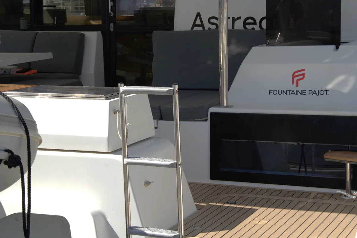 Deck of Astrea , a Fountaine Pajot Astréa 42 catamaran at Castellammare del Golfo, Italy