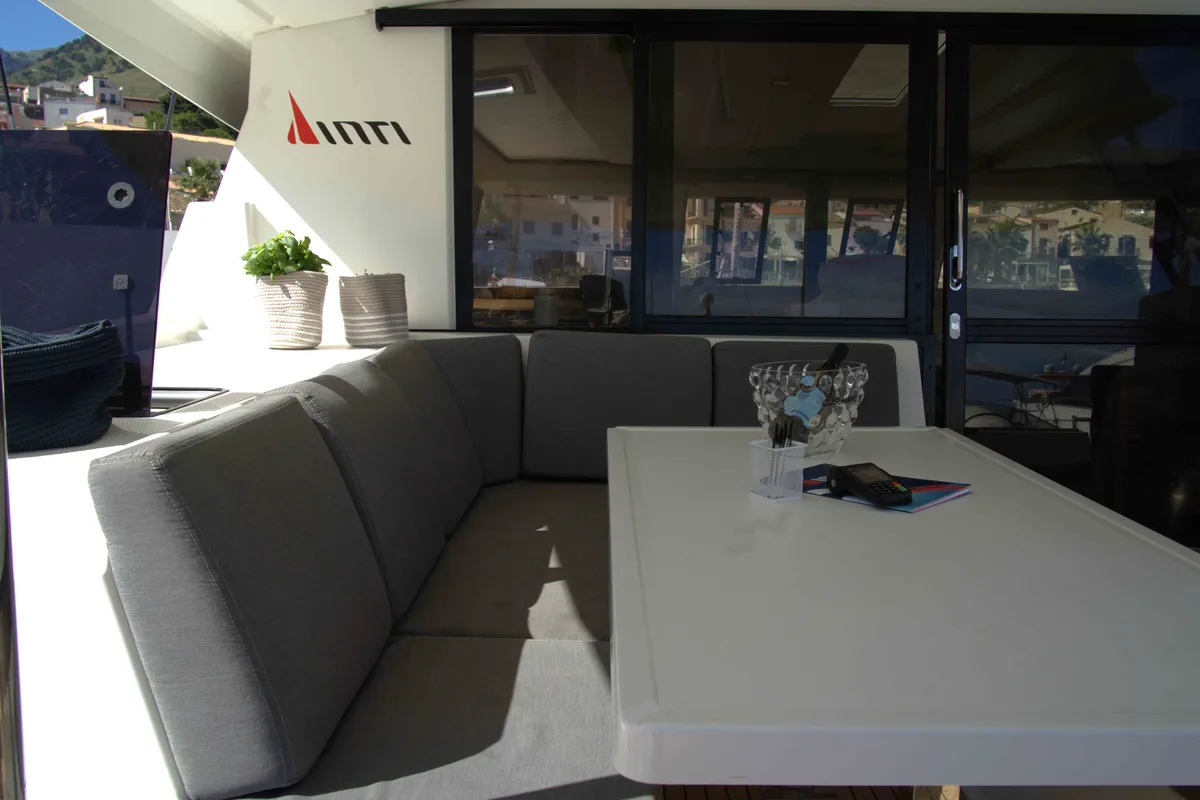 Deck of Astrea , a Fountaine Pajot Astréa 42 catamaran at Castellammare del Golfo, Italy