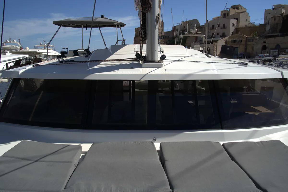 Deck of Astrea , a Fountaine Pajot Astréa 42 catamaran at Castellammare del Golfo, Italy