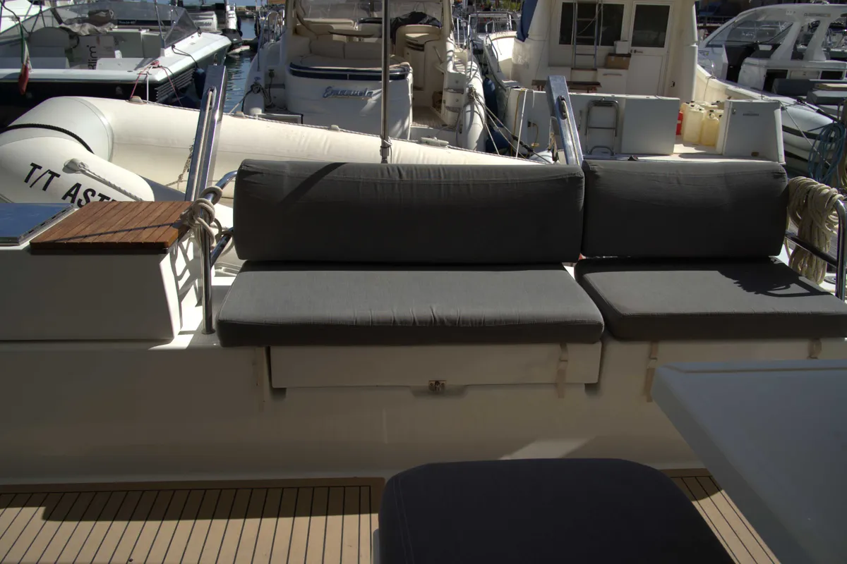 Deck of Astrea , a Fountaine Pajot Astréa 42 catamaran at Castellammare del Golfo, Italy