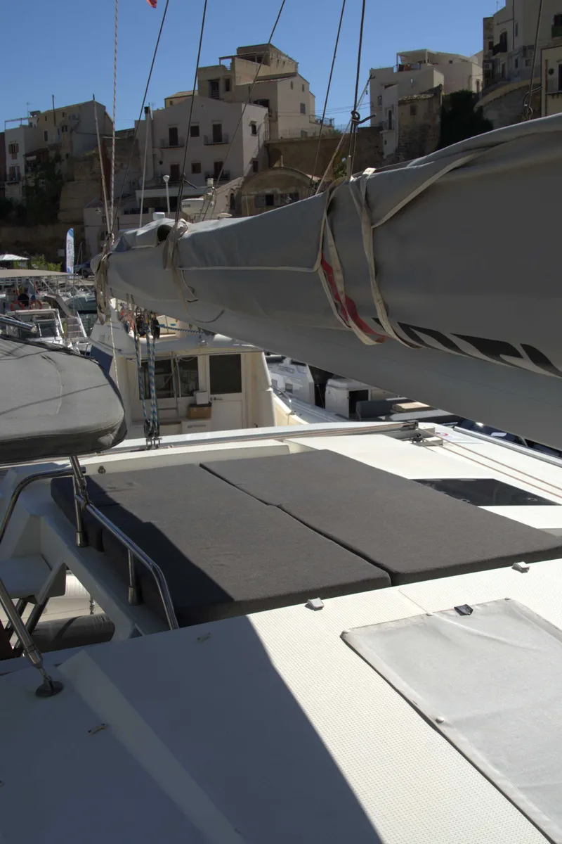 Exterior view of Astrea , a Fountaine Pajot Astréa 42 catamaran at Castellammare del Golfo, Italy