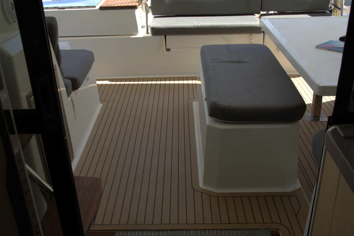 Deck of Astrea , a Fountaine Pajot Astréa 42 catamaran at Castellammare del Golfo, Italy