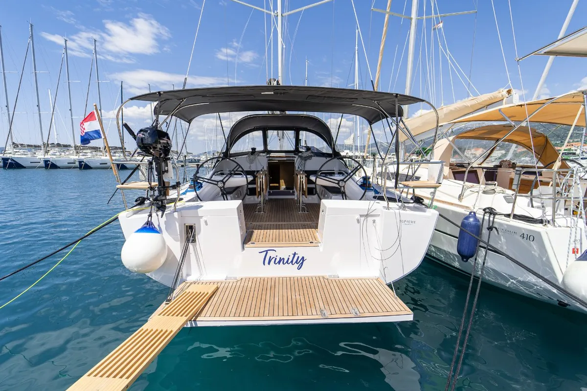 Exterior view of Trinity, a Elan Impression 45 sailboat at Grad Kaštela, Croatia
