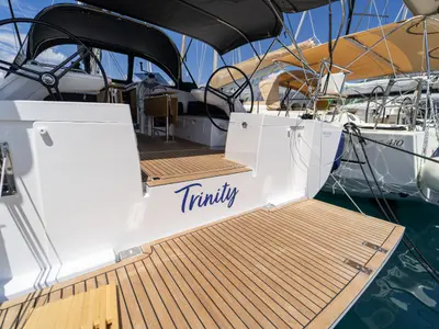 Deck of Trinity, a Elan Impression 45 sailboat at Grad Kaštela, Croatia