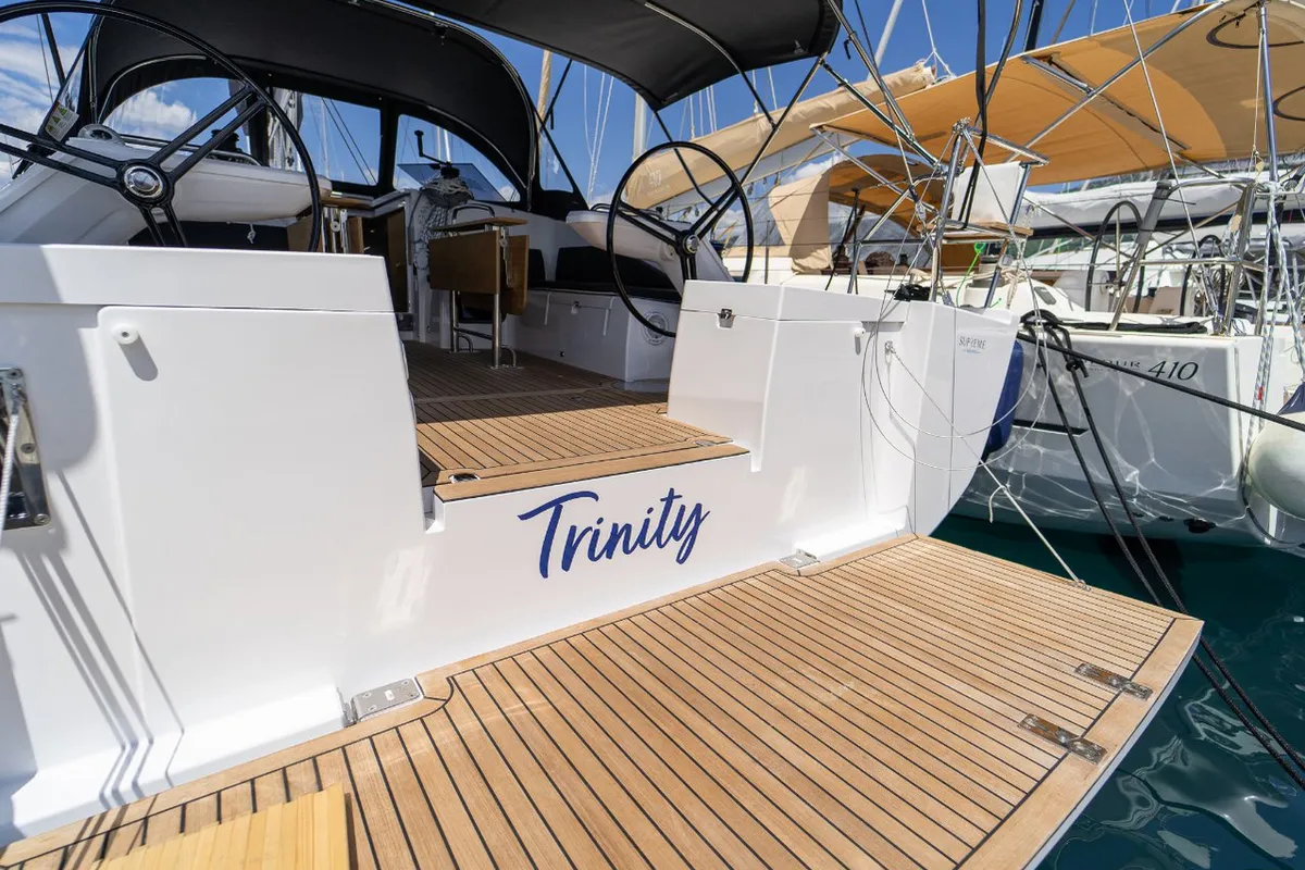 Deck of Trinity, a Elan Impression 45 sailboat at Grad Kaštela, Croatia