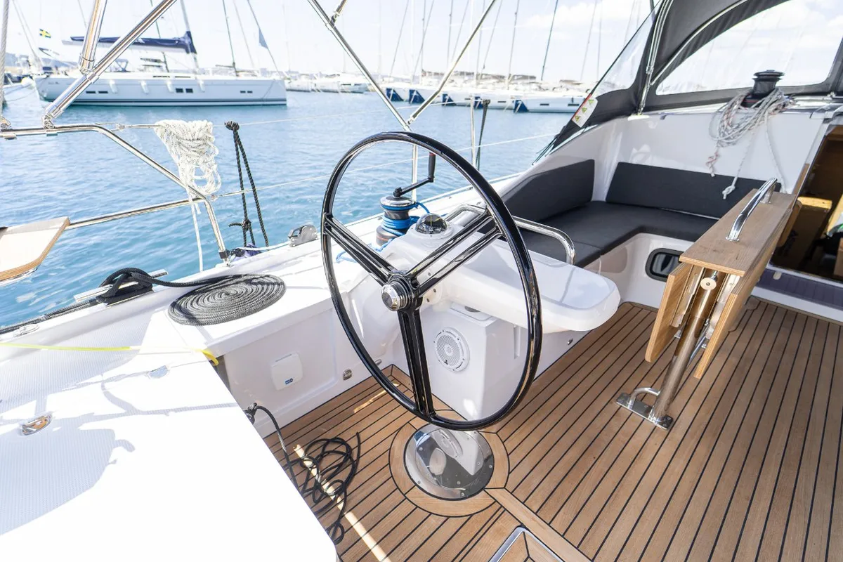 Cockpit of Trinity, a Elan Impression 45 sailboat at Grad Kaštela, Croatia