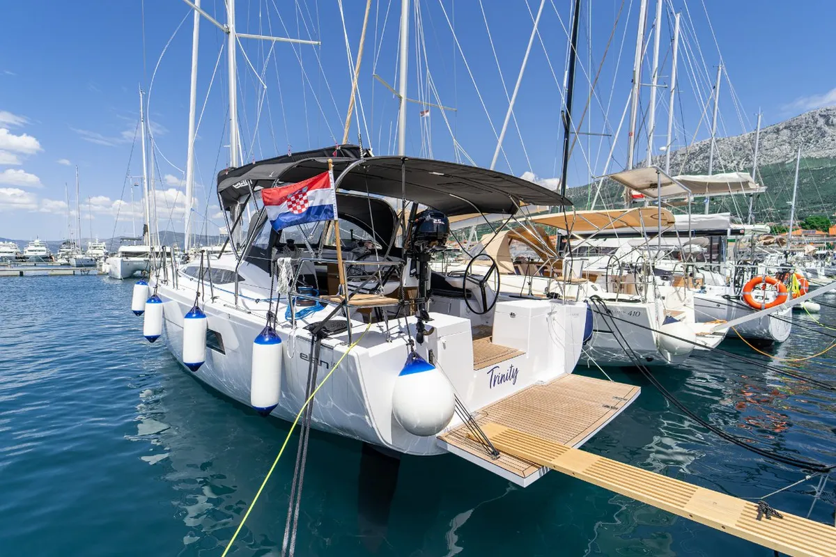 Exterior view of Trinity, a Elan Impression 45 sailboat at Grad Kaštela, Croatia