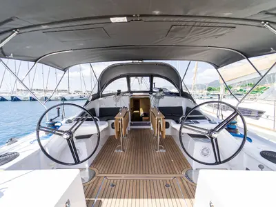 Cockpit of Trinity, a Elan Impression 45 sailboat at Grad Kaštela, Croatia