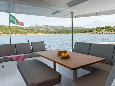 Deck of Amapola - A/C, Generator, Water maker. Solar panel, a Fountaine Pajot Astréa 42 catamaran at Cannigione, Italy