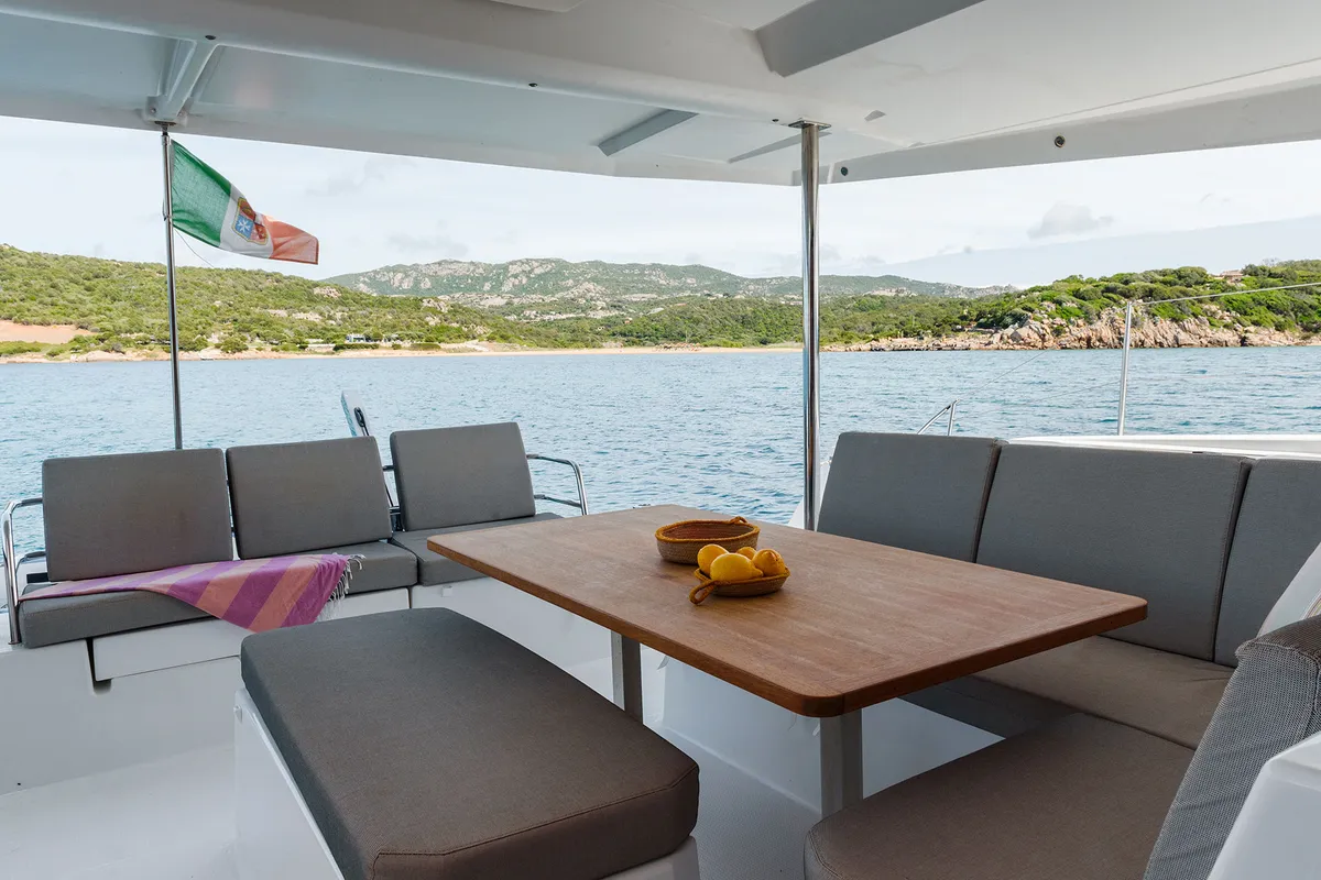 Deck of Amapola - A/C, Generator, Water maker. Solar panel, a Fountaine Pajot Astréa 42 catamaran at Cannigione, Italy
