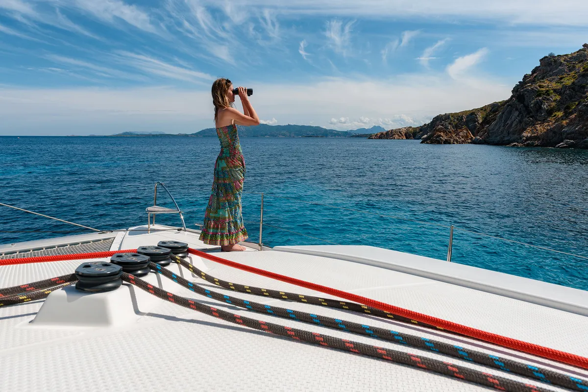 Deck of Amapola - A/C, Generator, Water maker. Solar panel, a Fountaine Pajot Astréa 42 catamaran at Cannigione, Italy