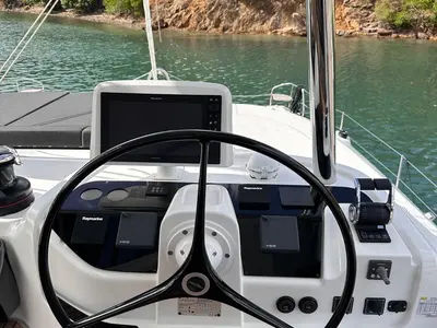 Cockpit of MAUI (ANU), a Lagoon 55 catamaran at English Harbour, Antigua and Barbuda