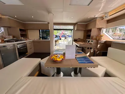 Salon of MAUI (ANU), a Lagoon 55 catamaran at English Harbour, Antigua and Barbuda