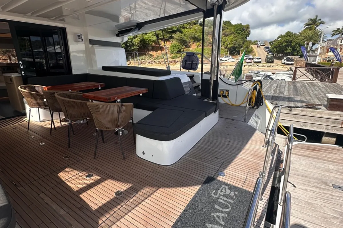 Deck of MAUI (ANU), a Lagoon 55 catamaran at English Harbour, Antigua and Barbuda