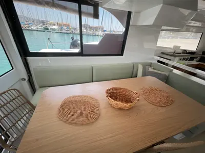 Salon of No Name, a Bali Catspace catamaran at Municipal Unit of Lefkada, Greece