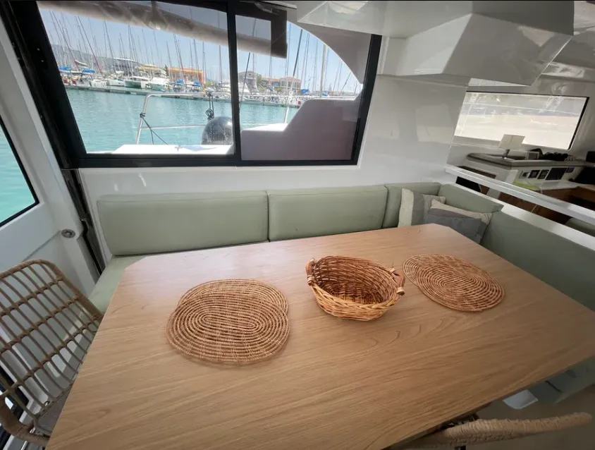 Salon of No Name, a Bali Catspace catamaran at Municipal Unit of Lefkada, Greece