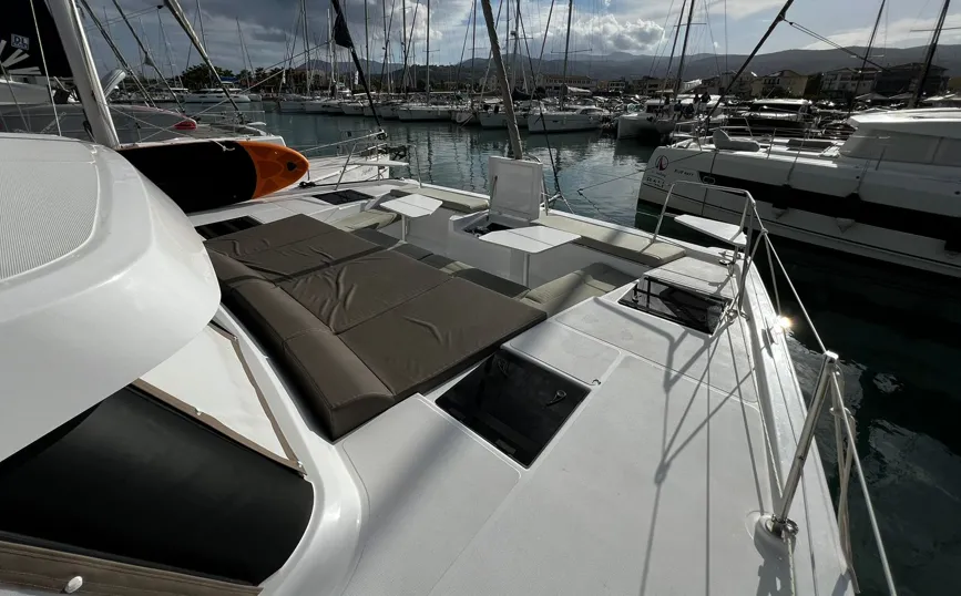 Deck of No Name, a Bali Catspace catamaran at Municipal Unit of Lefkada, Greece