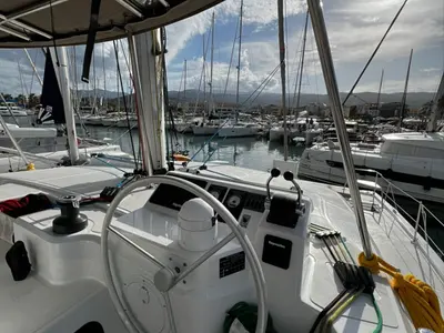 Cockpit of No Name, a Bali Catspace catamaran at Municipal Unit of Lefkada, Greece
