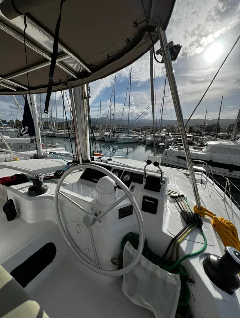 Cockpit of No Name, a Bali Catspace catamaran at Municipal Unit of Lefkada, Greece