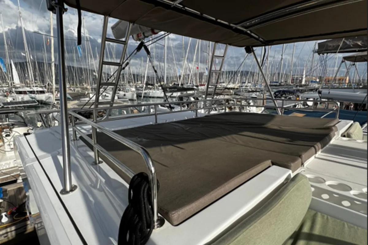 Deck of No Name, a Bali Catspace catamaran at Municipal Unit of Lefkada, Greece