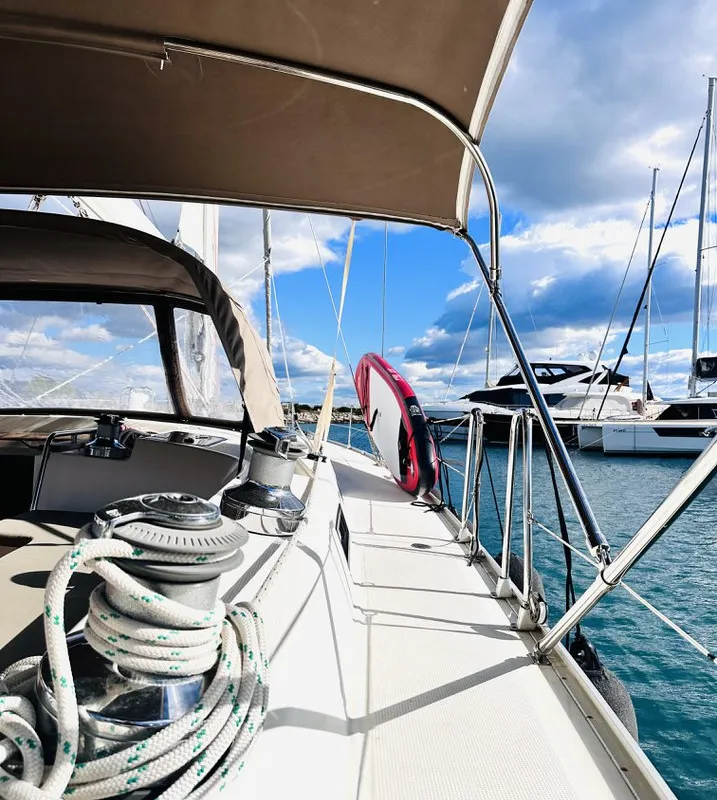 Deck of Heidrun, a Bavaria Cruiser 55 sailboat at Split, Croatia