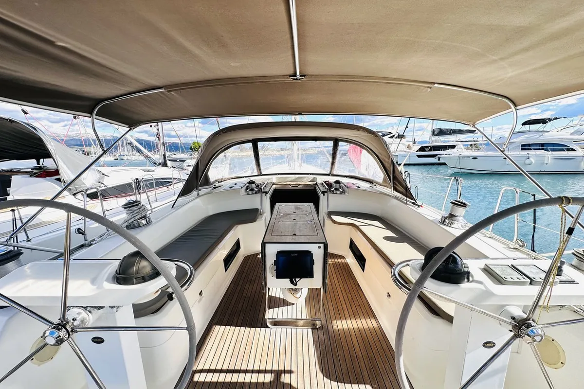 Cockpit of Heidrun, a Bavaria Cruiser 55 sailboat at Split, Croatia